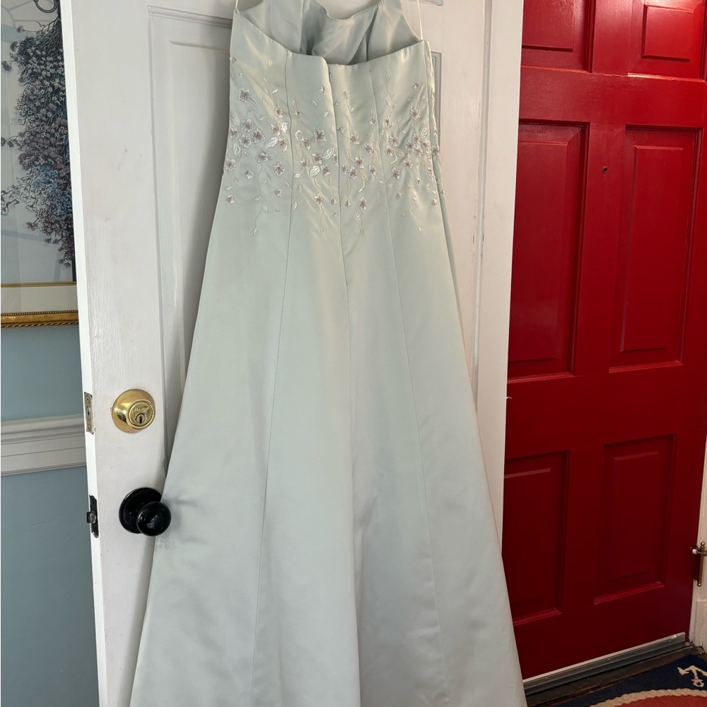 Mint green embroidered halter full length gown. Size 12.